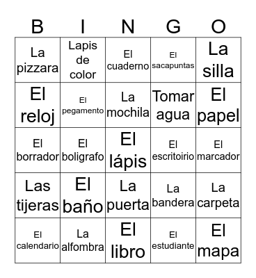 Classroom objects in Spanish Bingo Card