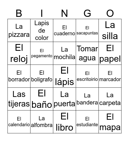 Classroom objects in Spanish Bingo Card