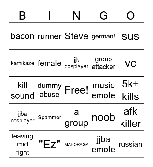 JJS Bingo Card