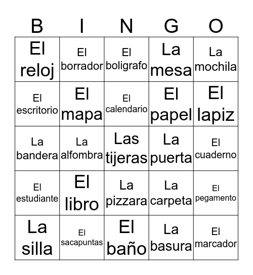 Classroom objects in Spanish  Bingo Card