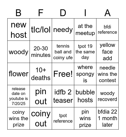 bfdia 21 Bingo Card