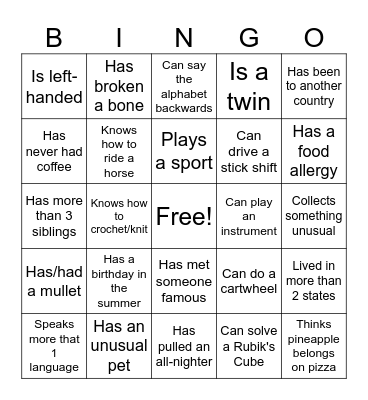 Human Bingo Card