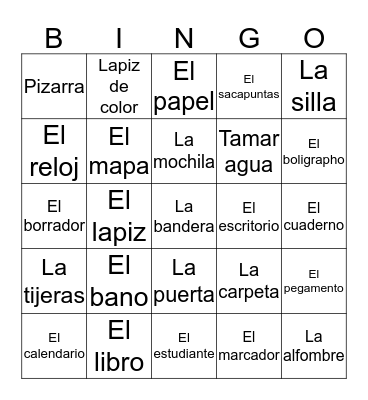 Classroom objects in Spanish  Bingo Card