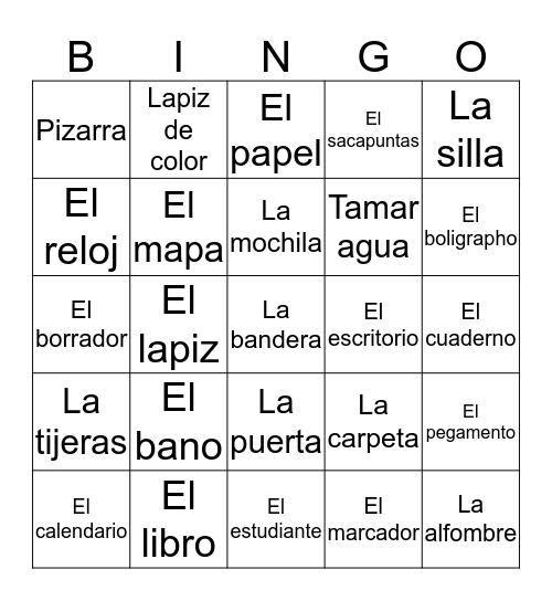 Classroom objects in Spanish  Bingo Card