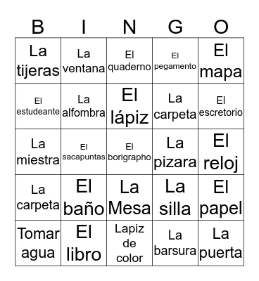 Classroom objects in Spanish bingo  Bingo Card