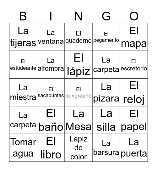 Classroom objects in Spanish bingo  Bingo Card