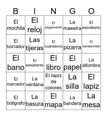 Classroom objects in Spanish  Bingo Card