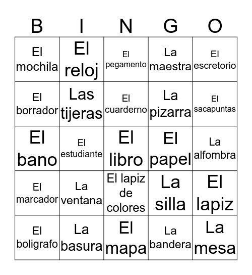 Classroom objects in Spanish  Bingo Card