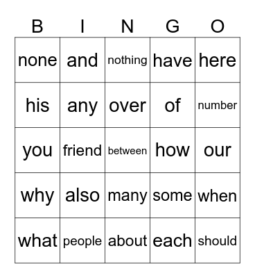 Trick Word Bingo Card