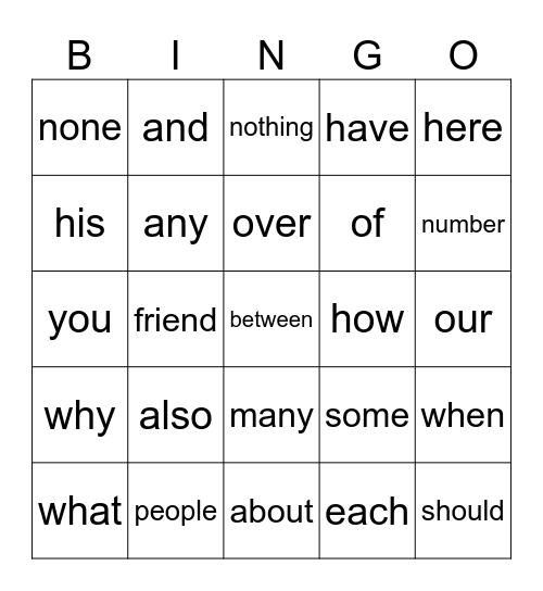 Trick Word Bingo Card