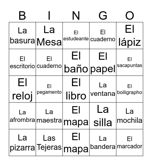 Classroom Objects in Spanish bingo Card