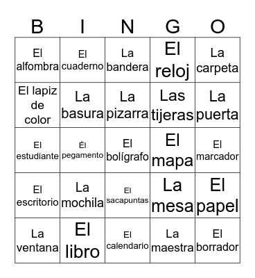 classroom objects in Spanish  Bingo Card