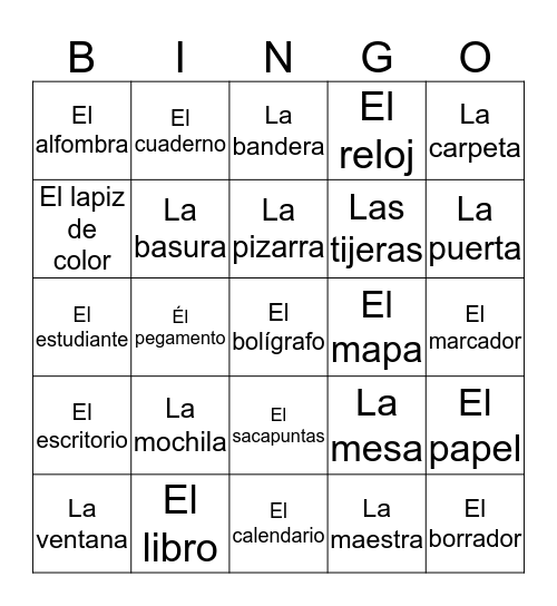 classroom objects in Spanish  Bingo Card