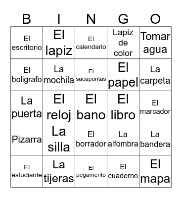 Classroom objects in Spanish bingo  Bingo Card