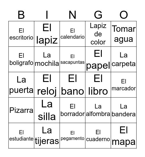Classroom objects in Spanish bingo  Bingo Card