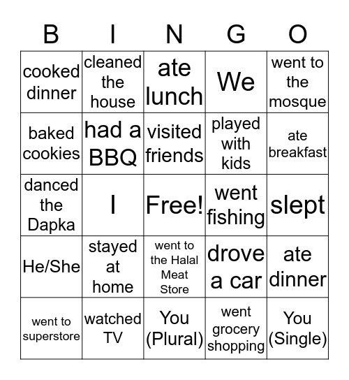 Weekend Activities Bingo Card