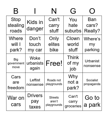 Anti Urbanism Bingo Card