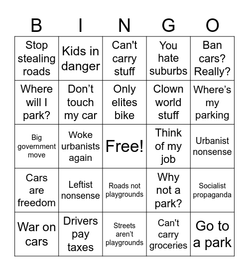 Anti Urbanism Bingo Card