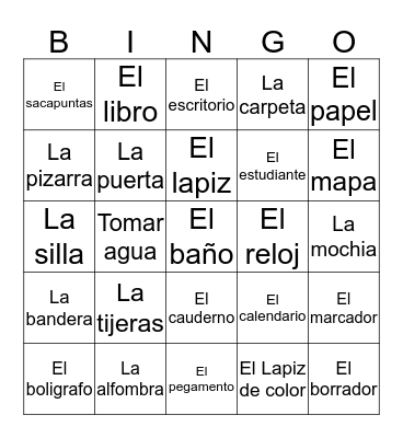 Classroom object in Spanish  Bingo Card