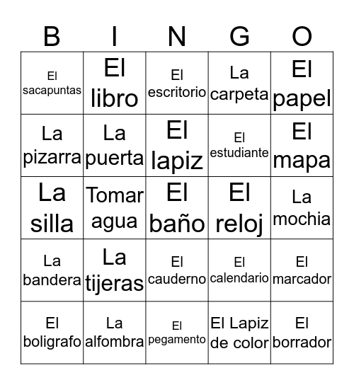 Classroom object in Spanish  Bingo Card