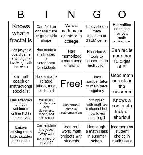 Math Curriculum PD Day! Bingo Card