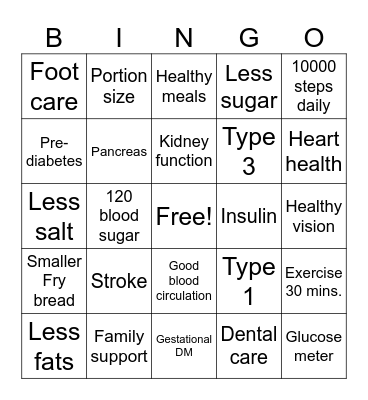 Diabetes Bingo Card