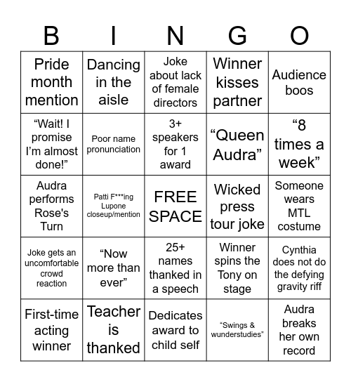 78th Tony Awards Bingo Card