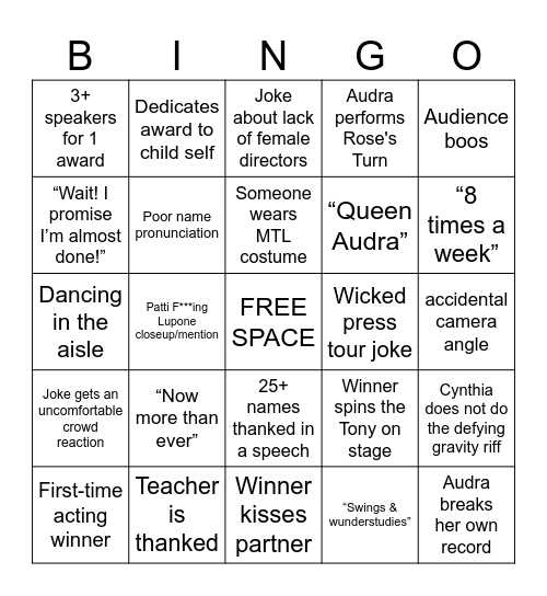 78th Tony Awards Bingo Card