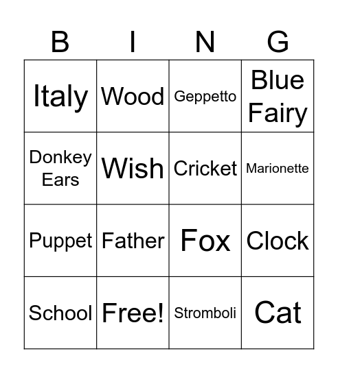 Pinocchio Bingo Card