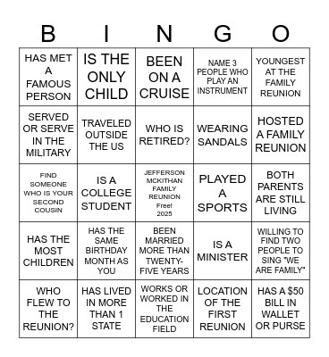 JEFFERSON-MCKITHAN REUNION 2025 Bingo Card