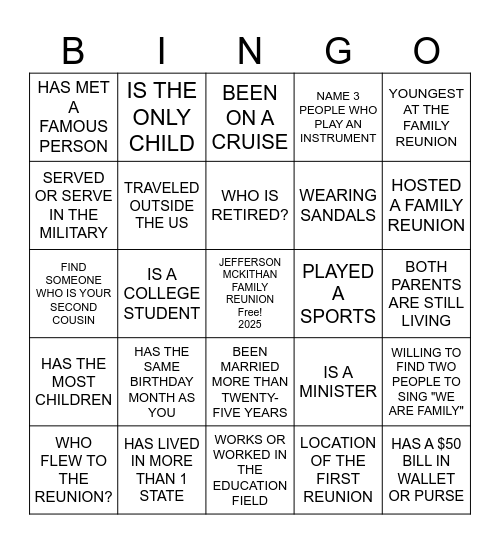 JEFFERSON-MCKITHAN REUNION 2025 Bingo Card