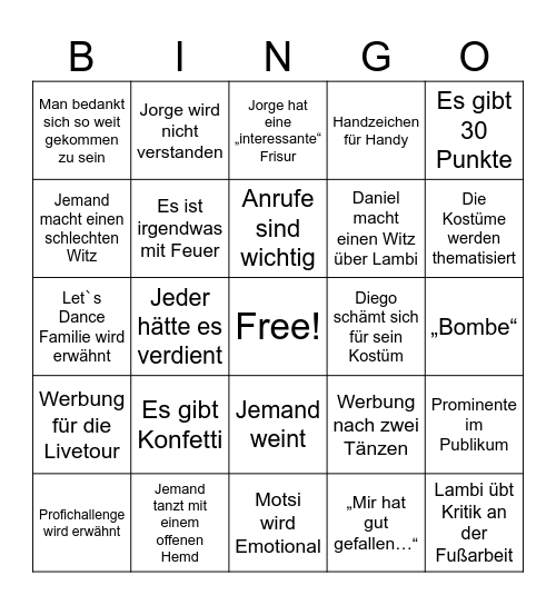 Let‘s Dance FINALE Bingo Card