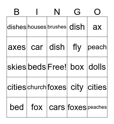 Plurals and Singular Bingo Card