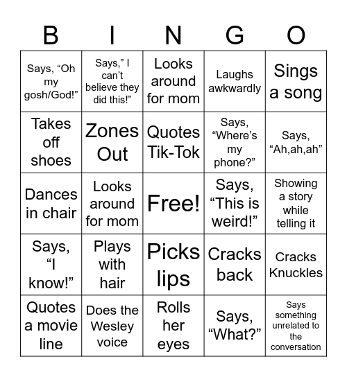 Mckenzie-isms Bingo Card