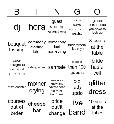 Romanian Wedding (religious ceremony + party) #2 Bingo Card