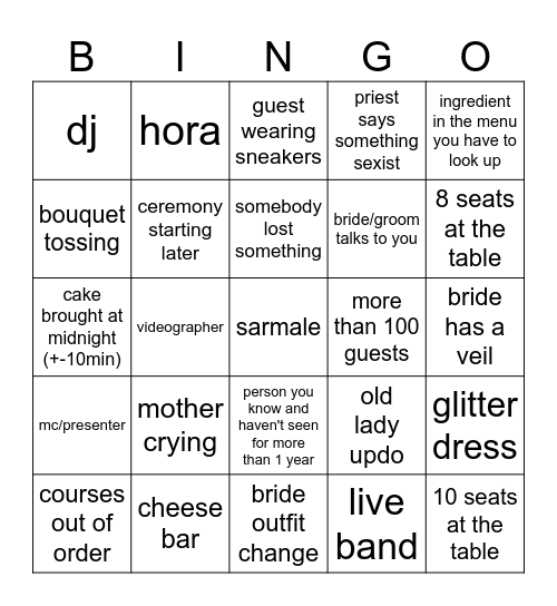 Romanian Wedding (religious ceremony + party) #2 Bingo Card