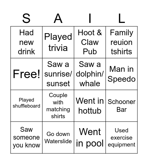 Cruiseship Bingo Card