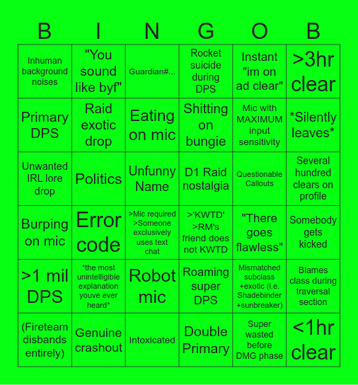 D2 Raid LFG Bingo Card