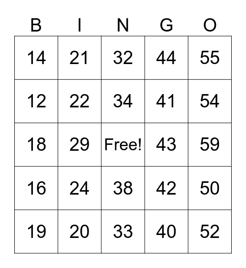 1-50 Bingo Card