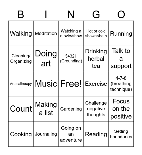 Coping Skills Bingo Card