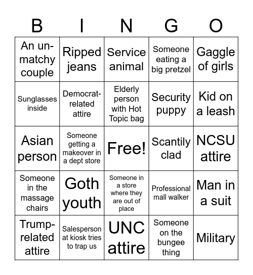 Mall Walk Bingo Card