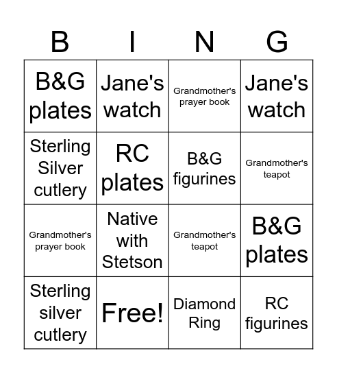 Jane's Bingo Card