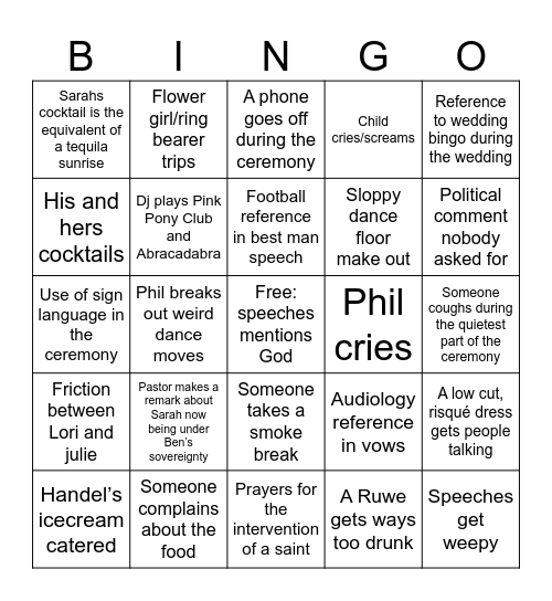Sarah’s Wedding Bingo Card