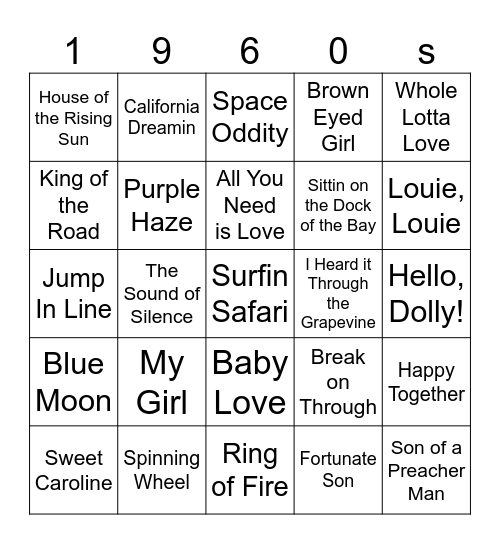 1960s 2025 Bingo Card