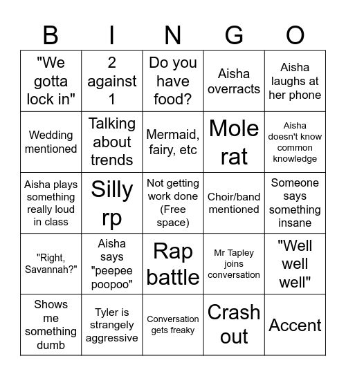 Creative Writing Class Bingo Card