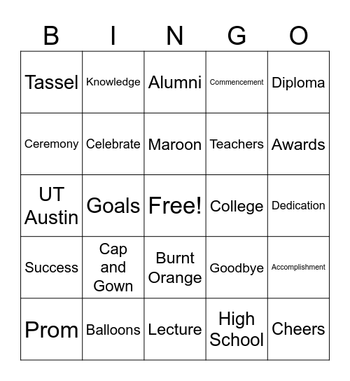 Sania's Graduation Bingo Card