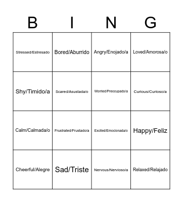 Feelings and Emotions in Spanish Bingo Card