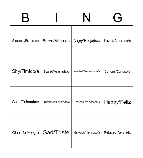 Feelings and Emotions in Spanish Bingo Card