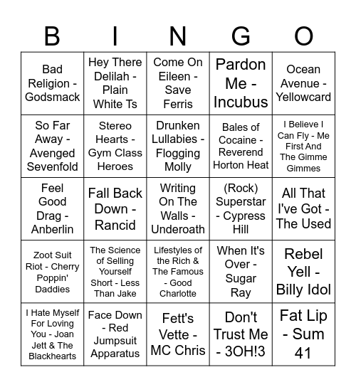 Vans Warped Tour Bingo Card