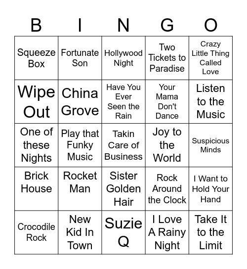 Dad's Music Bingo Card